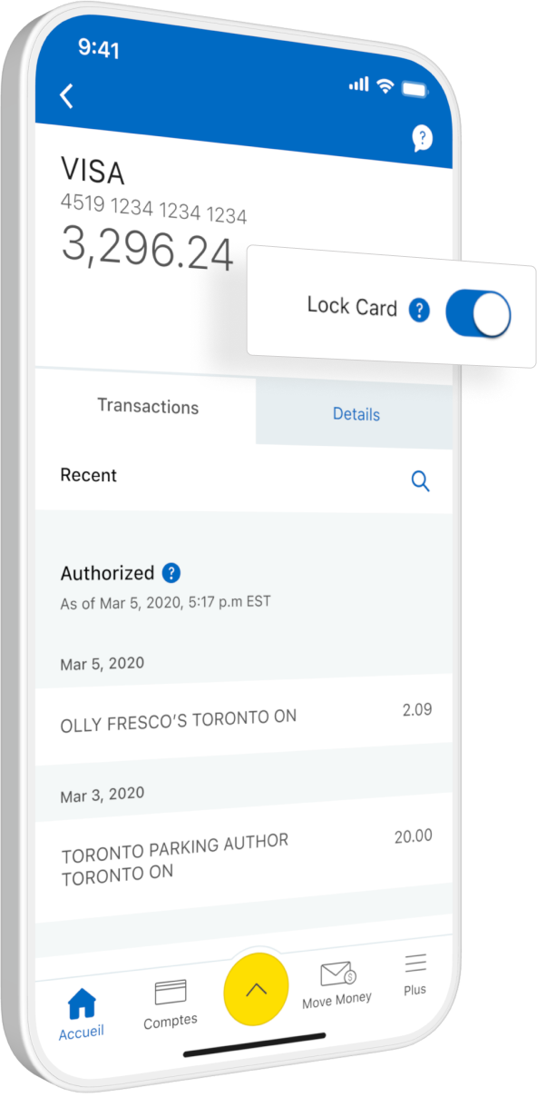 screen of the card lock feature in the RBC mobile app