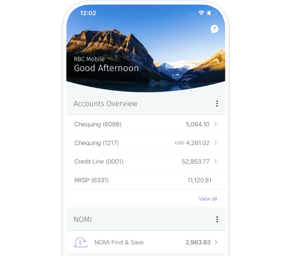 RBC Mobile Banking - mobile phone showing the Nomi app