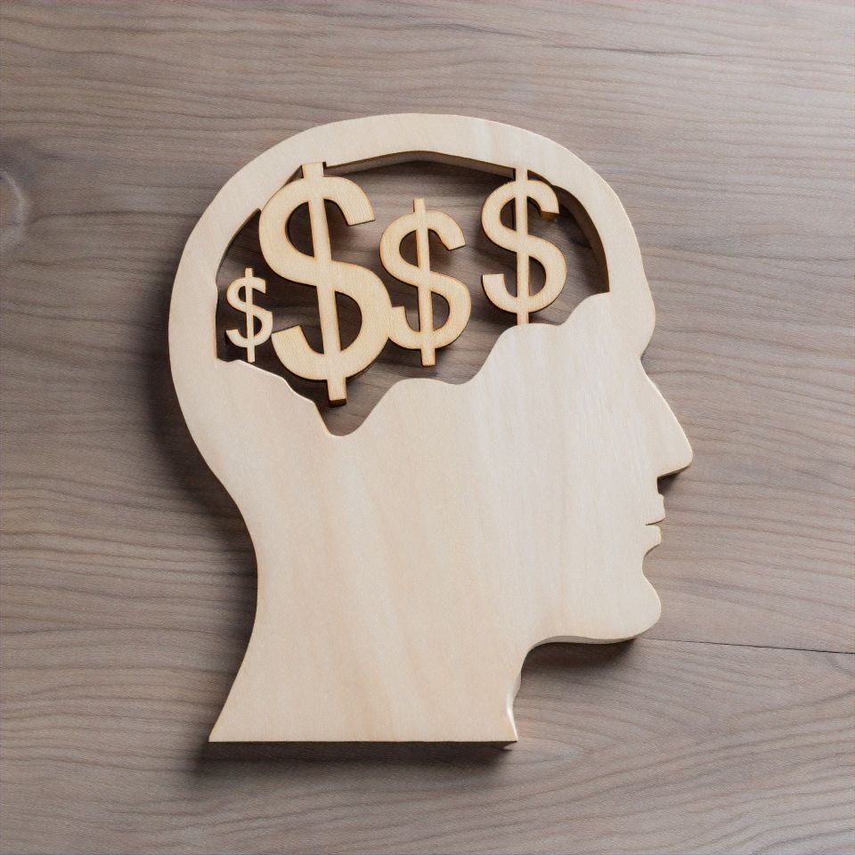 Wooden cut out of a head with dollar signs