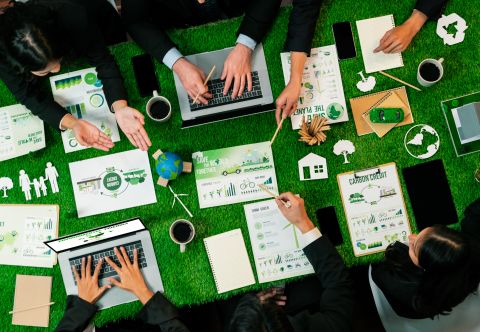 Panorama top view of business people planning business marketing with environmental responsibility for greener ecology.