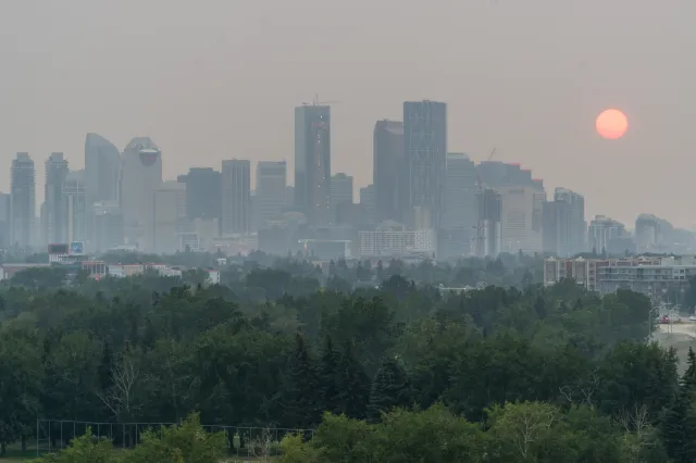 Downtown Calgary covered by wildfire smoke