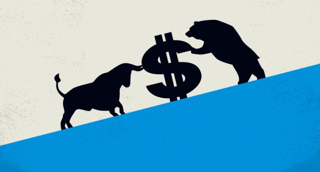 Bull VS Bear avec un signe dollar entre eux