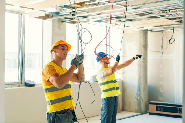 Vue latérale de deux ouvriers de l'équipe de construction séparés par un mur lors de la rénovation de la maison, espace de copie.